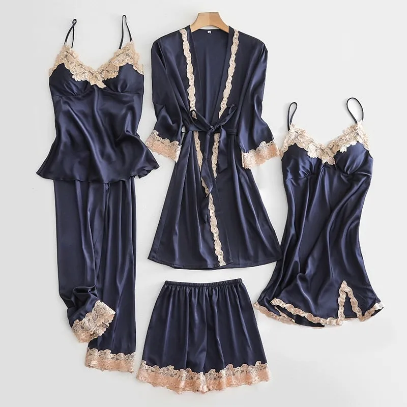 Wedding Robe Suit Women Summer Satin Kimono Bath Gown Sexy Lace Sleepwear Pj Sets Bride Bridesmaid Bathorobe Lingerie Loose Pajamas