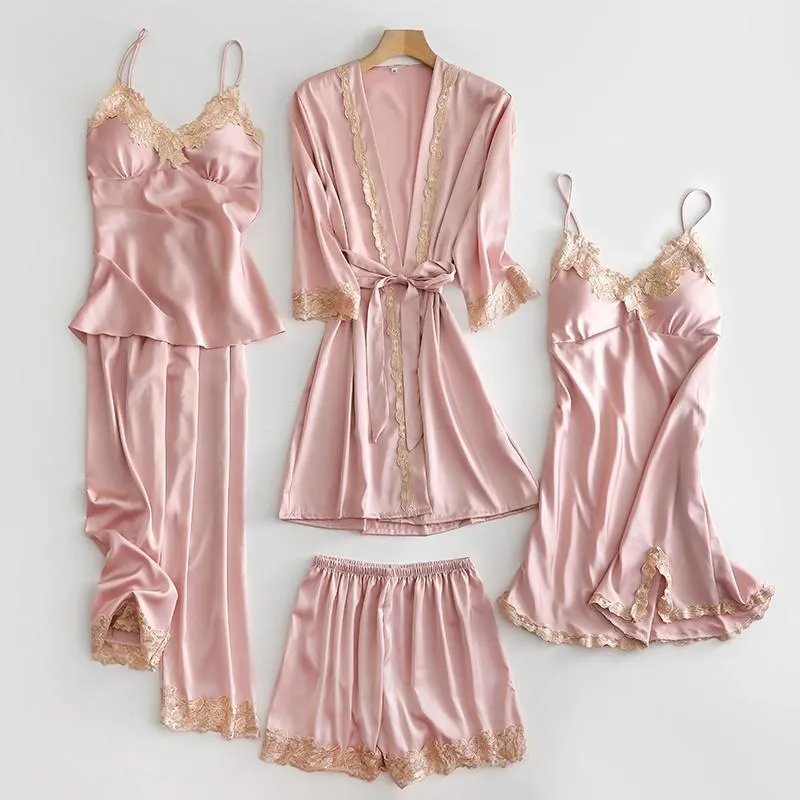 Wedding Robe Suit Women Summer Satin Kimono Bath Gown Sexy Lace Sleepwear Pj Sets Bride Bridesmaid Bathorobe Lingerie Loose Pajamas
