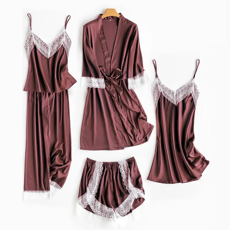 Wedding Robe Suit Women Summer Satin Kimono Bath Gown Sexy Lace Sleepwear Pj Sets Bride Bridesmaid Bathorobe Lingerie Loose Pajamas