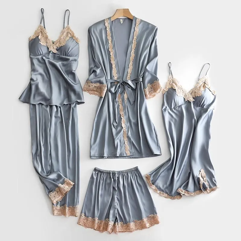 Wedding Robe Suit Women Summer Satin Kimono Bath Gown Sexy Lace Sleepwear Pj Sets Bride Bridesmaid Bathorobe Lingerie Loose Pajamas