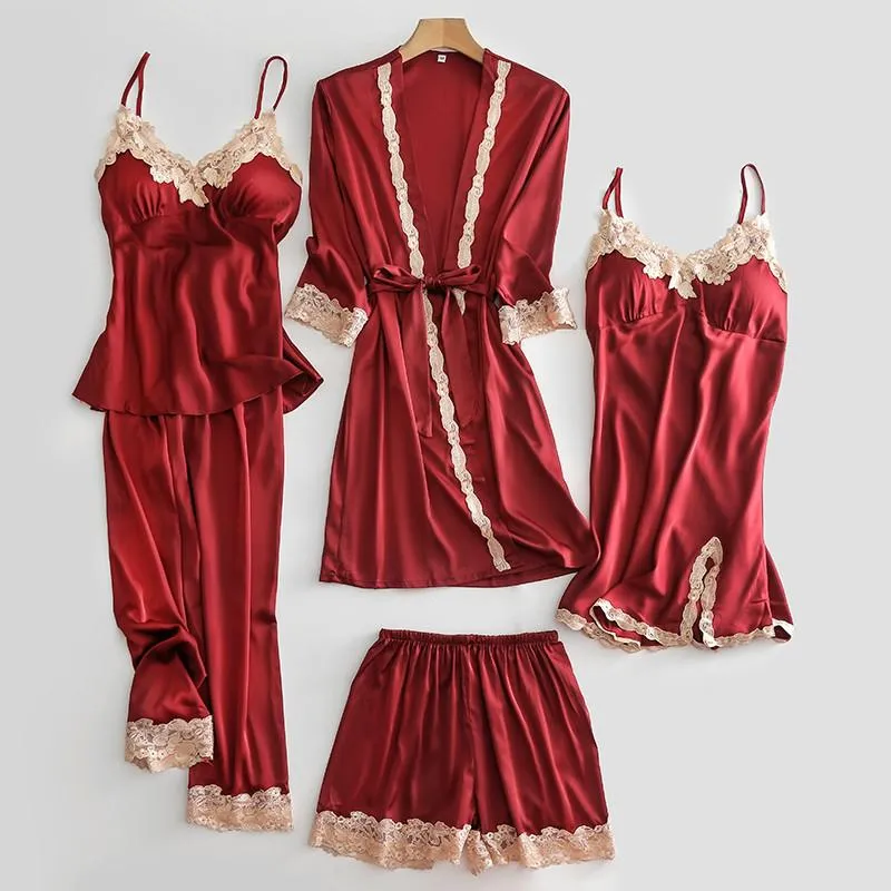 Wedding Robe Suit Women Summer Satin Kimono Bath Gown Sexy Lace Sleepwear Pj Sets Bride Bridesmaid Bathorobe Lingerie Loose Pajamas