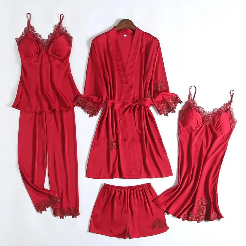 Wedding Robe Suit Women Summer Satin Kimono Bath Gown Sexy Lace Sleepwear Pj Sets Bride Bridesmaid Bathorobe Lingerie Loose Pajamas