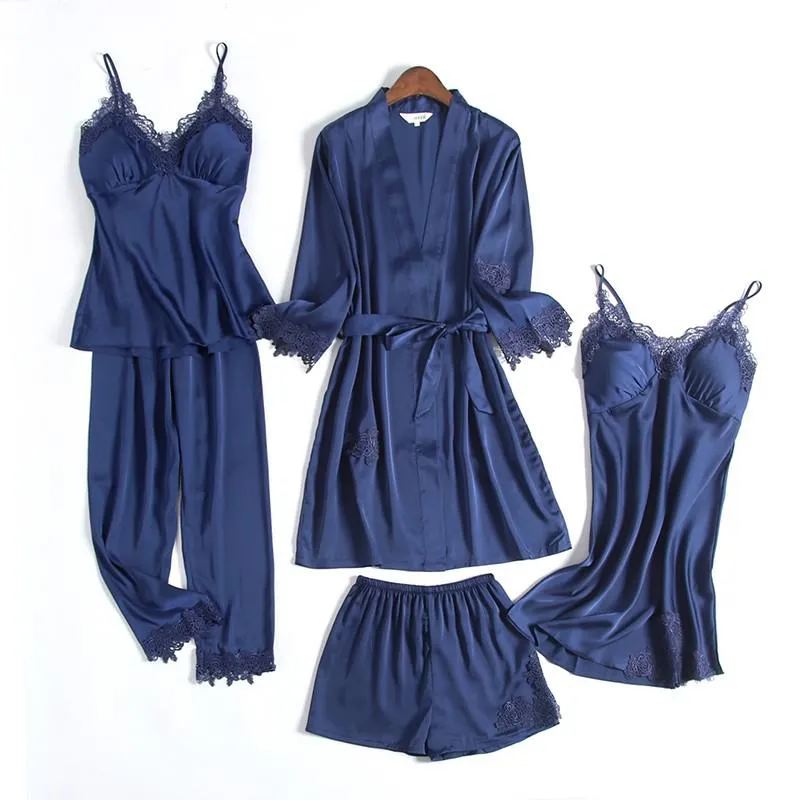 Wedding Robe Suit Women Summer Satin Kimono Bath Gown Sexy Lace Sleepwear Pj Sets Bride Bridesmaid Bathorobe Lingerie Loose Pajamas