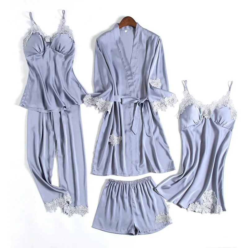 Wedding Robe Suit Women Summer Satin Kimono Bath Gown Sexy Lace Sleepwear Pj Sets Bride Bridesmaid Bathorobe Lingerie Loose Pajamas