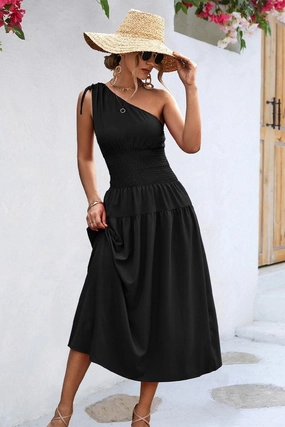 HALF OFF SHOULDER SLIM WAIST MIDI DRESS Sharp Profile