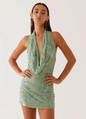 Olisa Cowl Neck Beaded Mini Dress - Mint Lux Look Travel-Pack