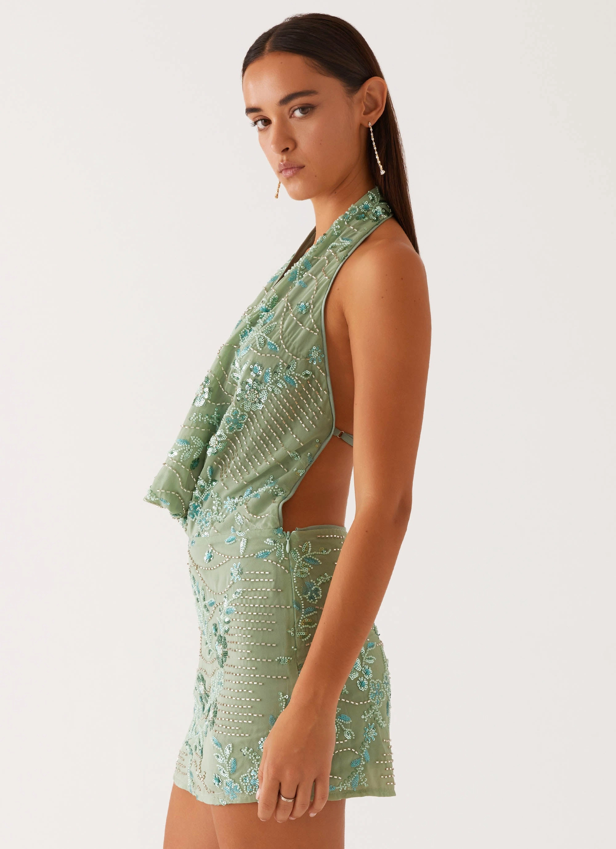 Elegant Finish Slim-fit Olisa Cowl Neck Beaded Mini Dress - Mint