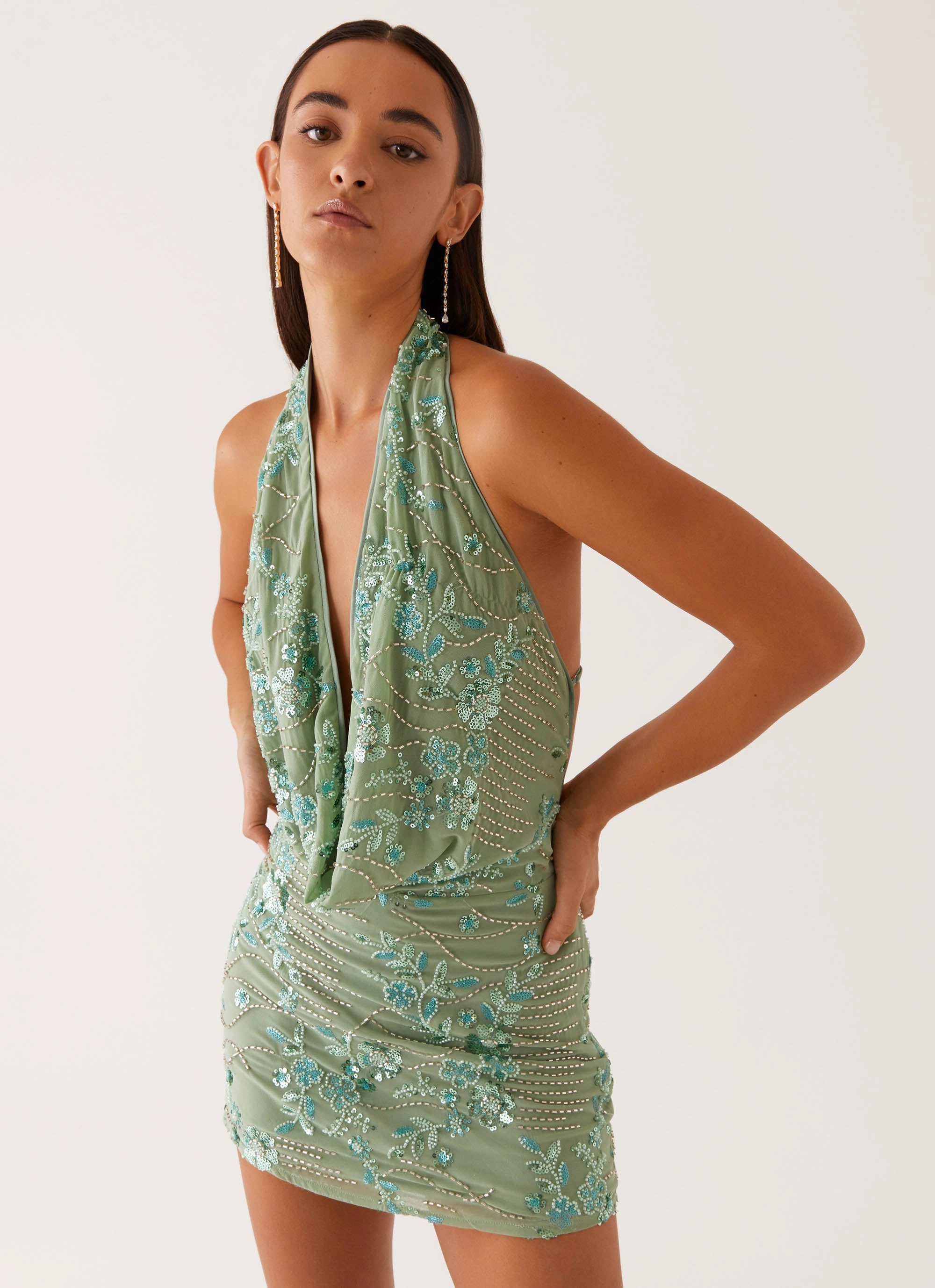 Olisa Cowl Neck Beaded Mini Dress - Mint Day Glow Rural Charm