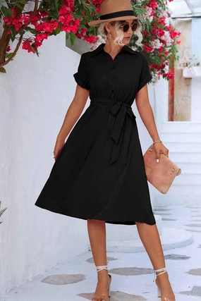 ROLL UP SLEEVE TIED WAIST FLARE SHIRTS DRESS Guest Shine Odor-Control
