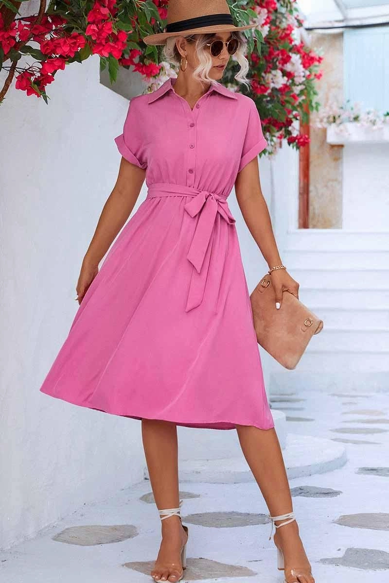 ROLL UP SLEEVE TIED WAIST FLARE SHIRTS DRESS Vintage-Inspired Elegant formal outfit