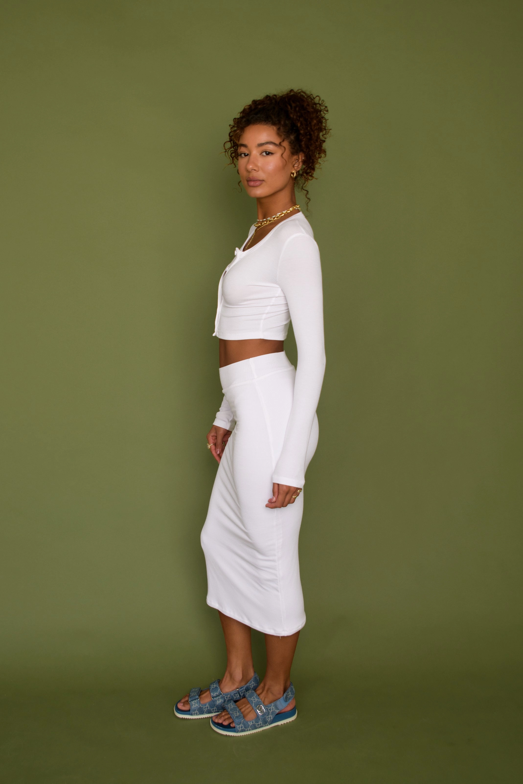 Serena Skirt Ribbed - White Weighted Hem Ethically Made
