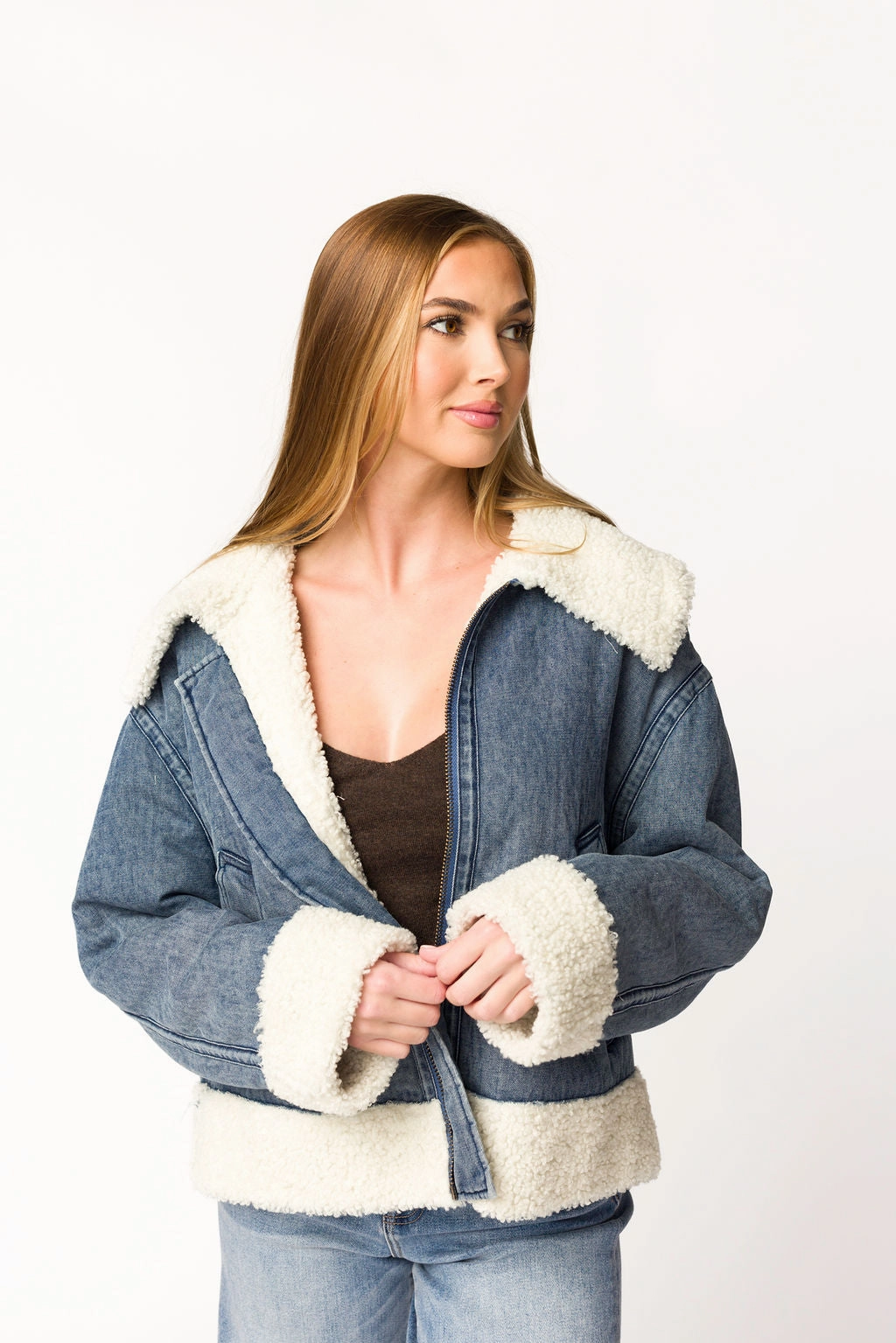 Double Layered Fabric Textured Fabric Finish Caitlyn Sherpa and Denim Jacket *Final-Sale*