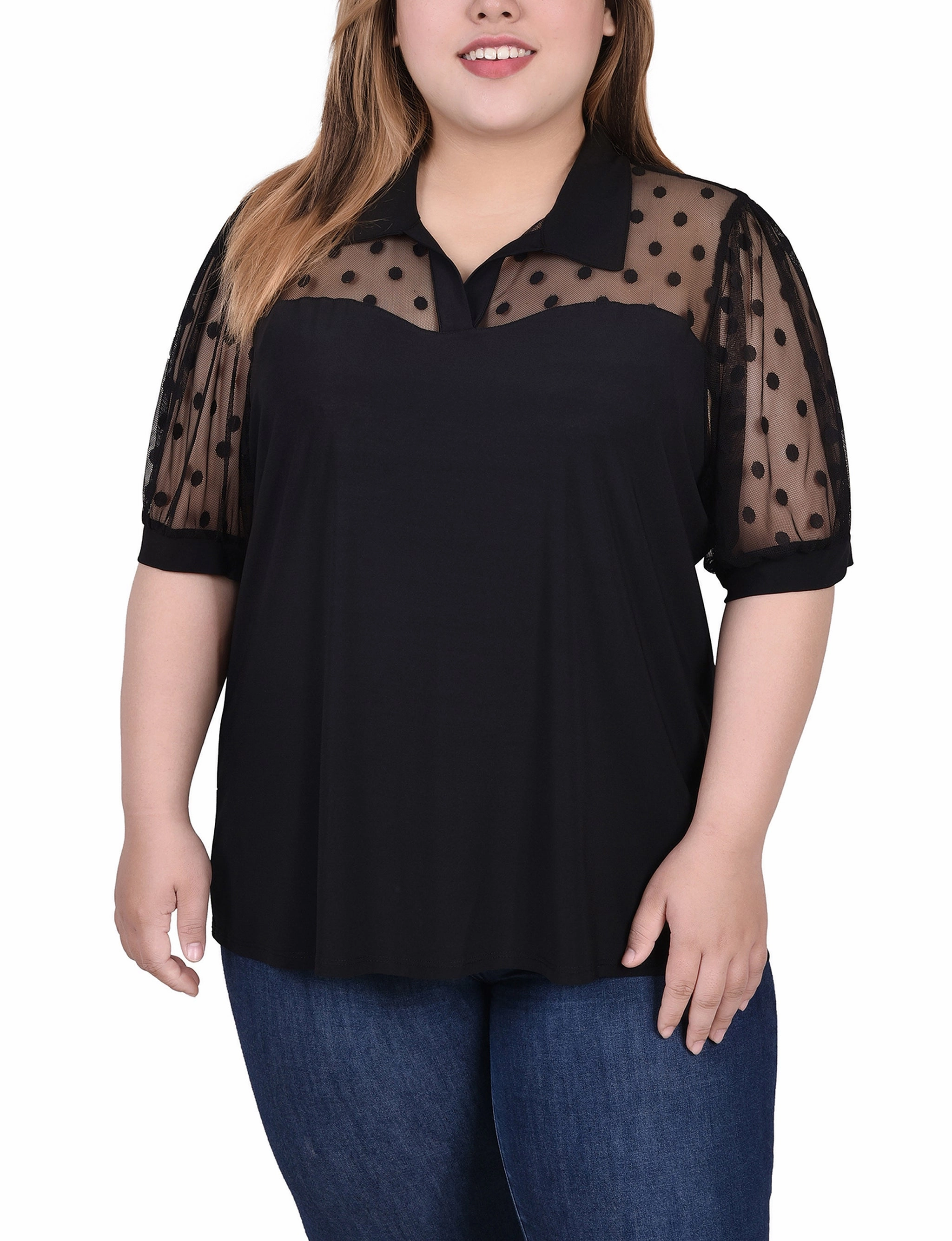 Anti Pilling Technology Plus Size Short Sleeve Top With Dotted Mesh