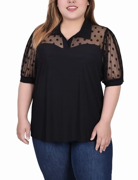 Anti Pilling Technology Plus Size Short Sleeve Top With Dotted Mesh