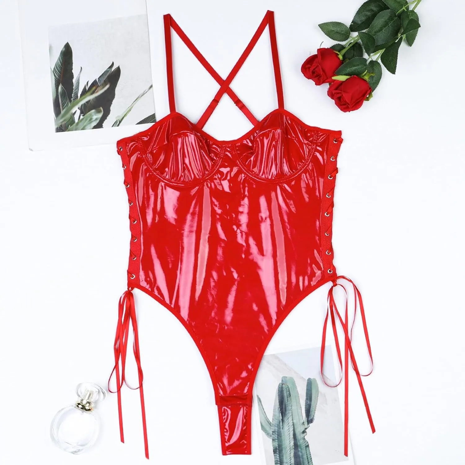 Western Lace Teddy Lingerie Camisole Wet Look Bodysuit One Piece Sexy Lingerie Set for Women Naughty Solid Skimpy