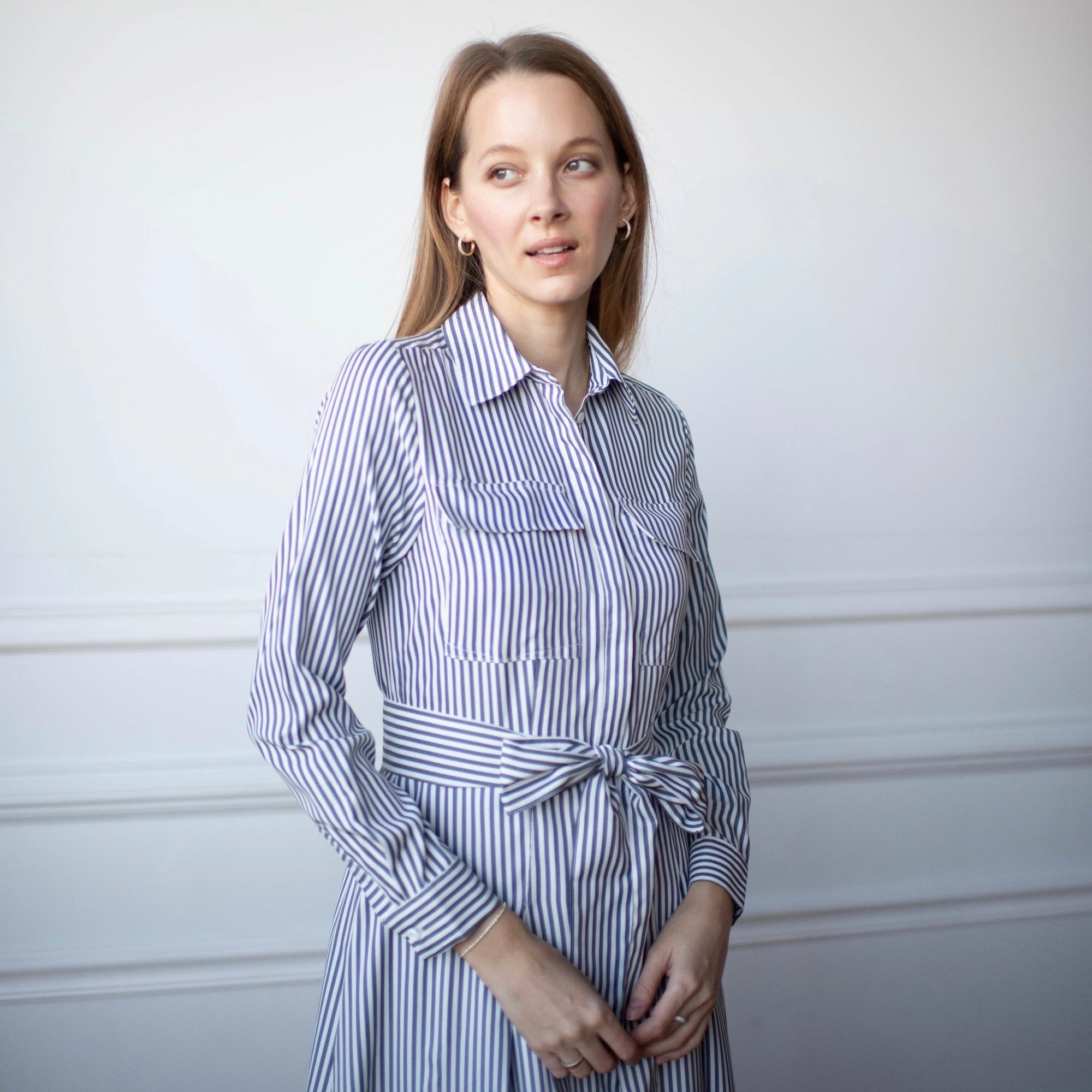 Minimalist fit-and-flare Chrie Pinstripe Dress [Final Sale]