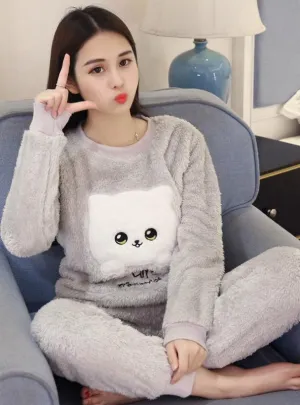 WHITE CAT WARM FLANNEL PYJAMAS SETS THICK CORAL VELVET