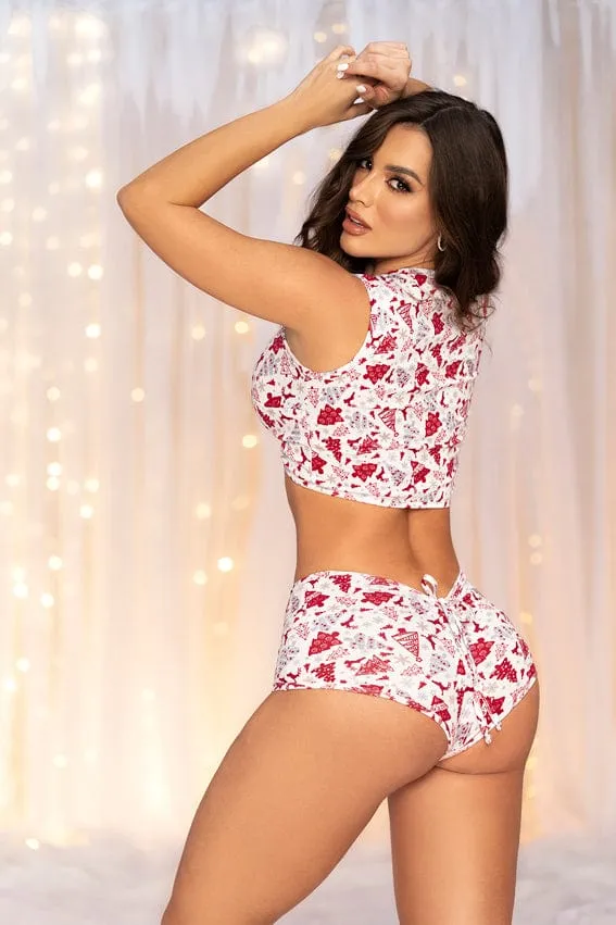 White Holiday Print Drawstring Crop Top & Cheeky Shorts Loungewear
