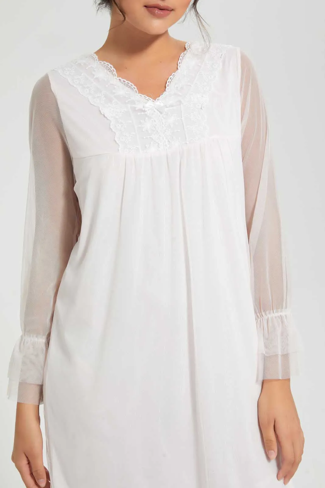 White Mesh Nightgown With Lace