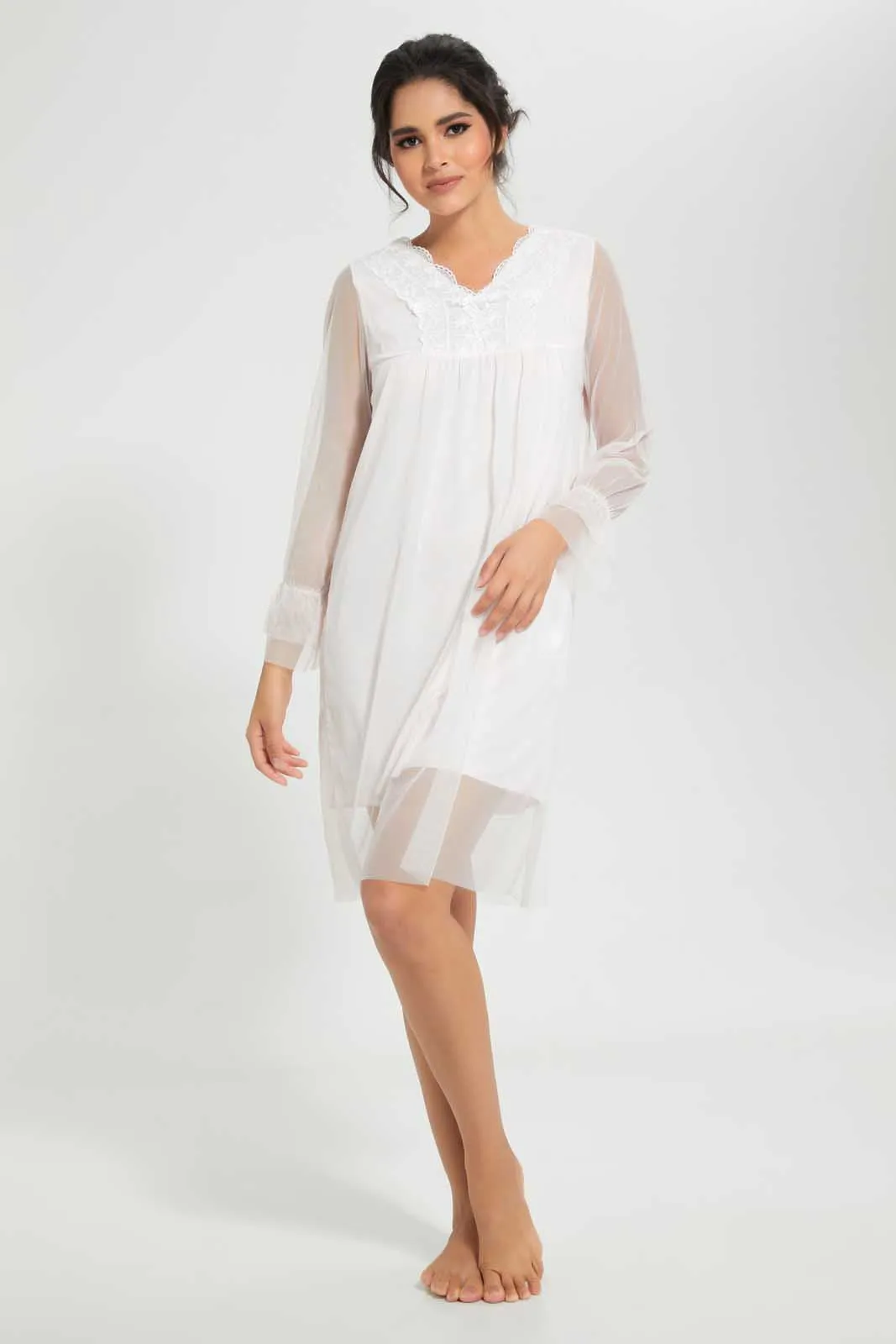 White Mesh Nightgown With Lace