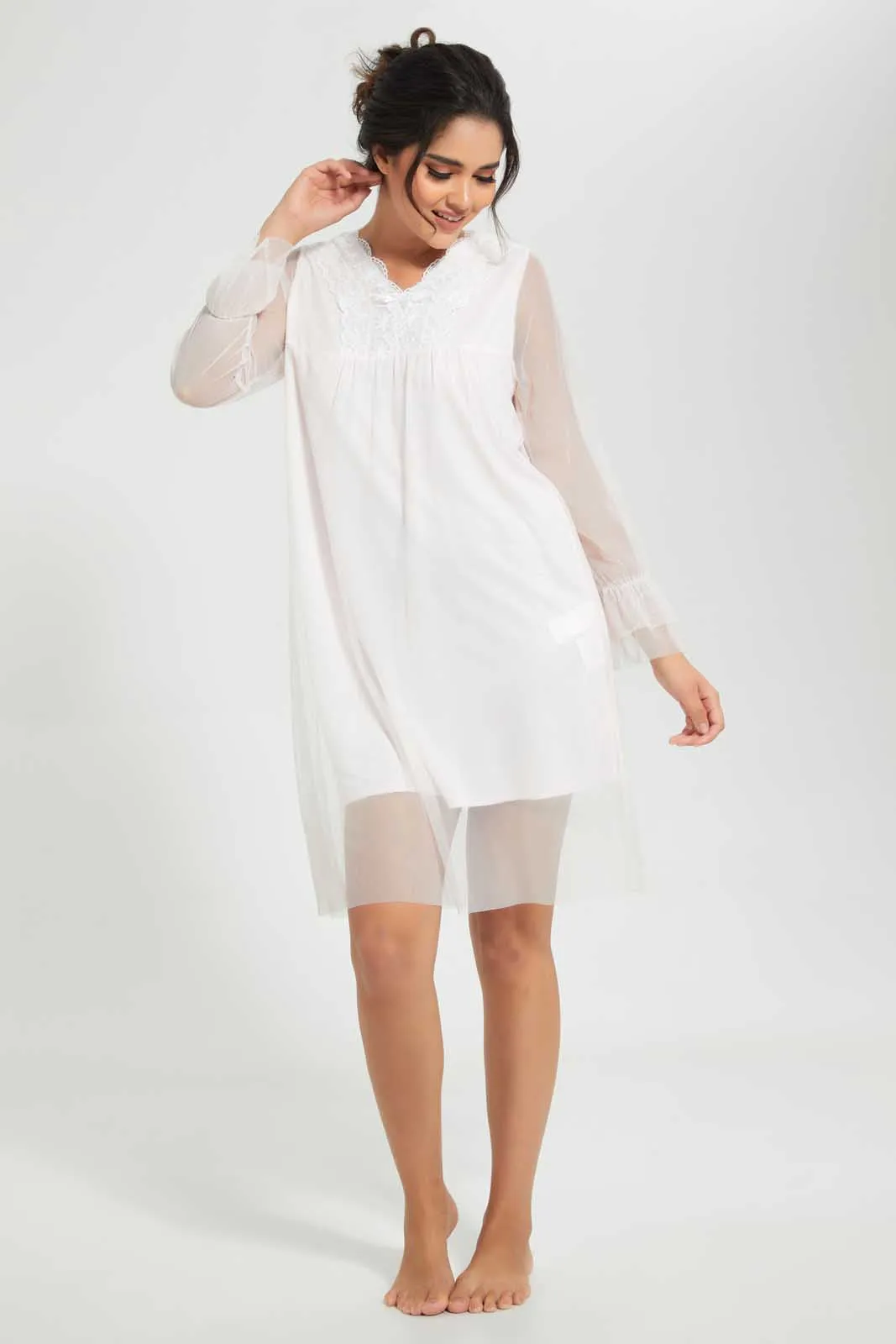 White Mesh Nightgown With Lace