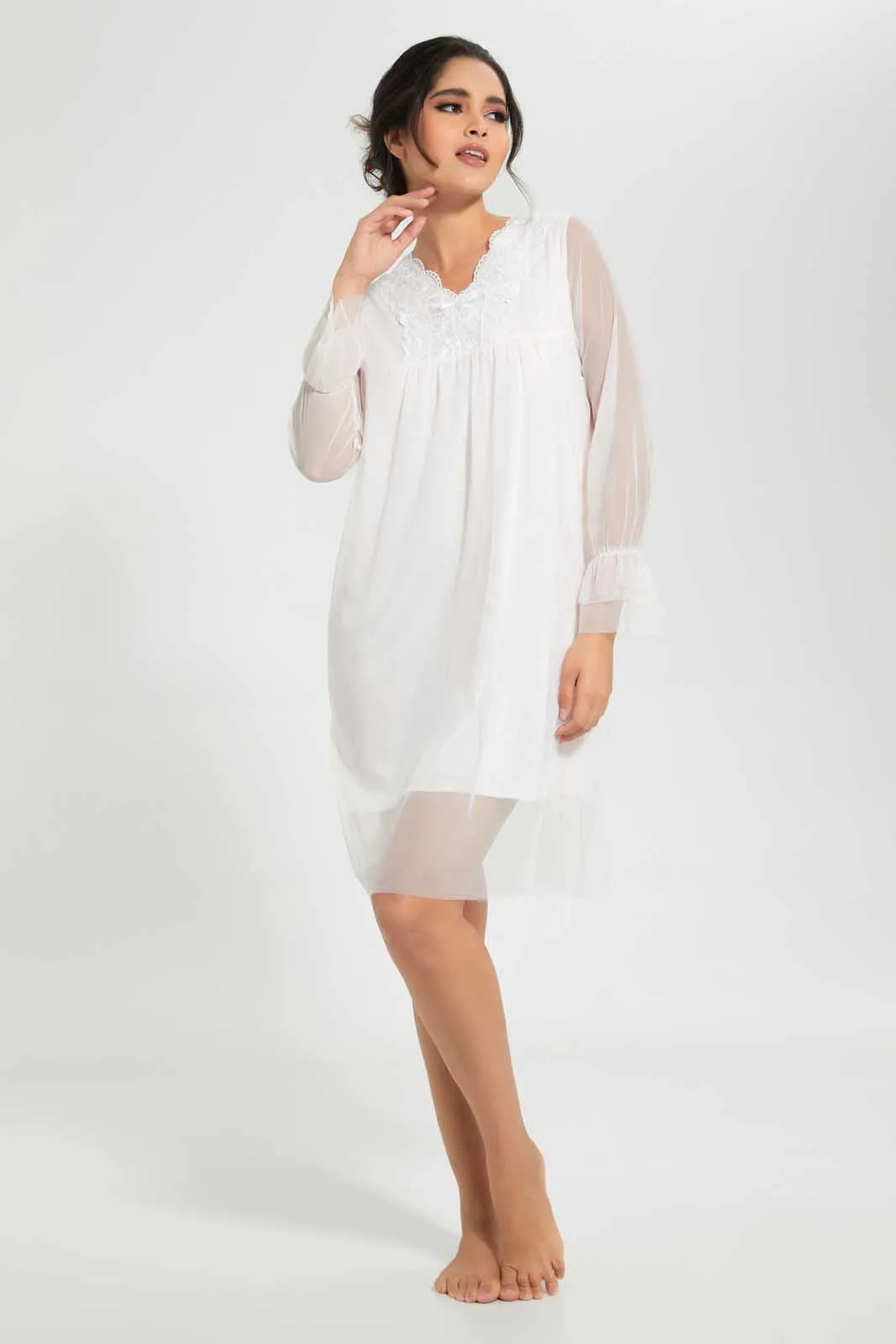 White Mesh Nightgown With Lace