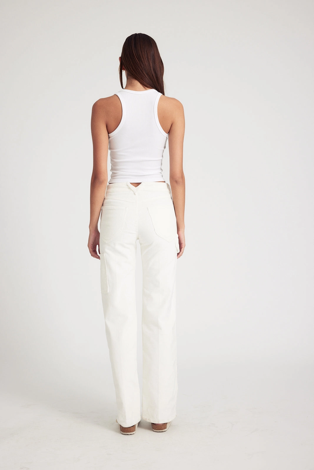 Snug Waist White Corduroy Carpenter Pants