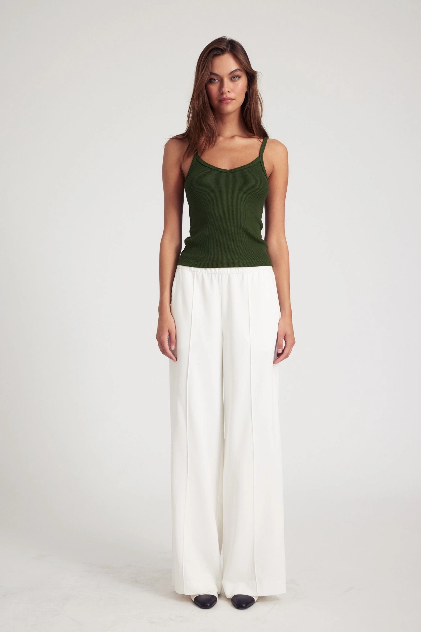 White Crepe Wide Leg Pintuck Trousers Slip Resistant