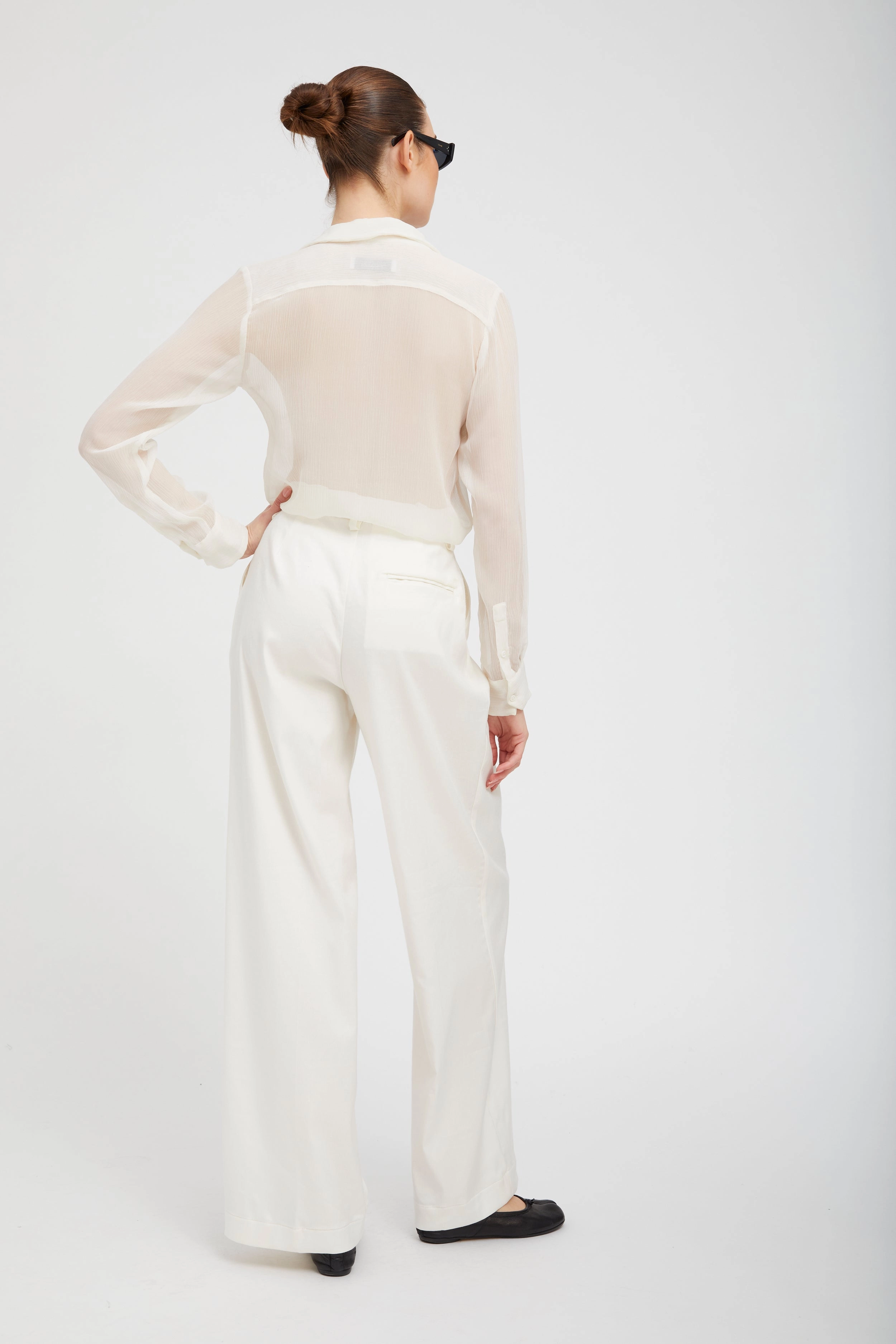White Crinkle Chiffon Fitted Button Down SoftBrushed Sustainable Production Methods