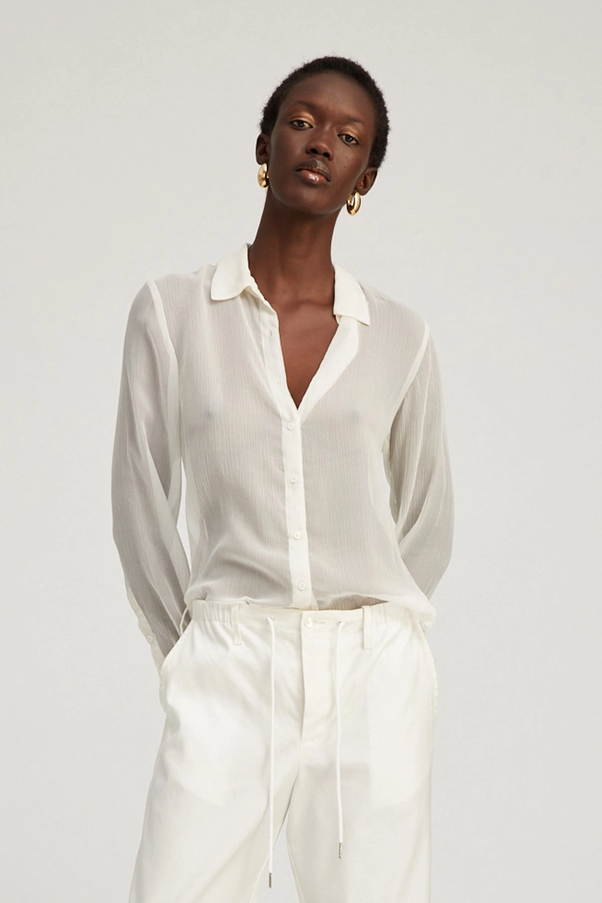 White Crinkle Chiffon Fitted Button Down DurableDoubleLayeredHem