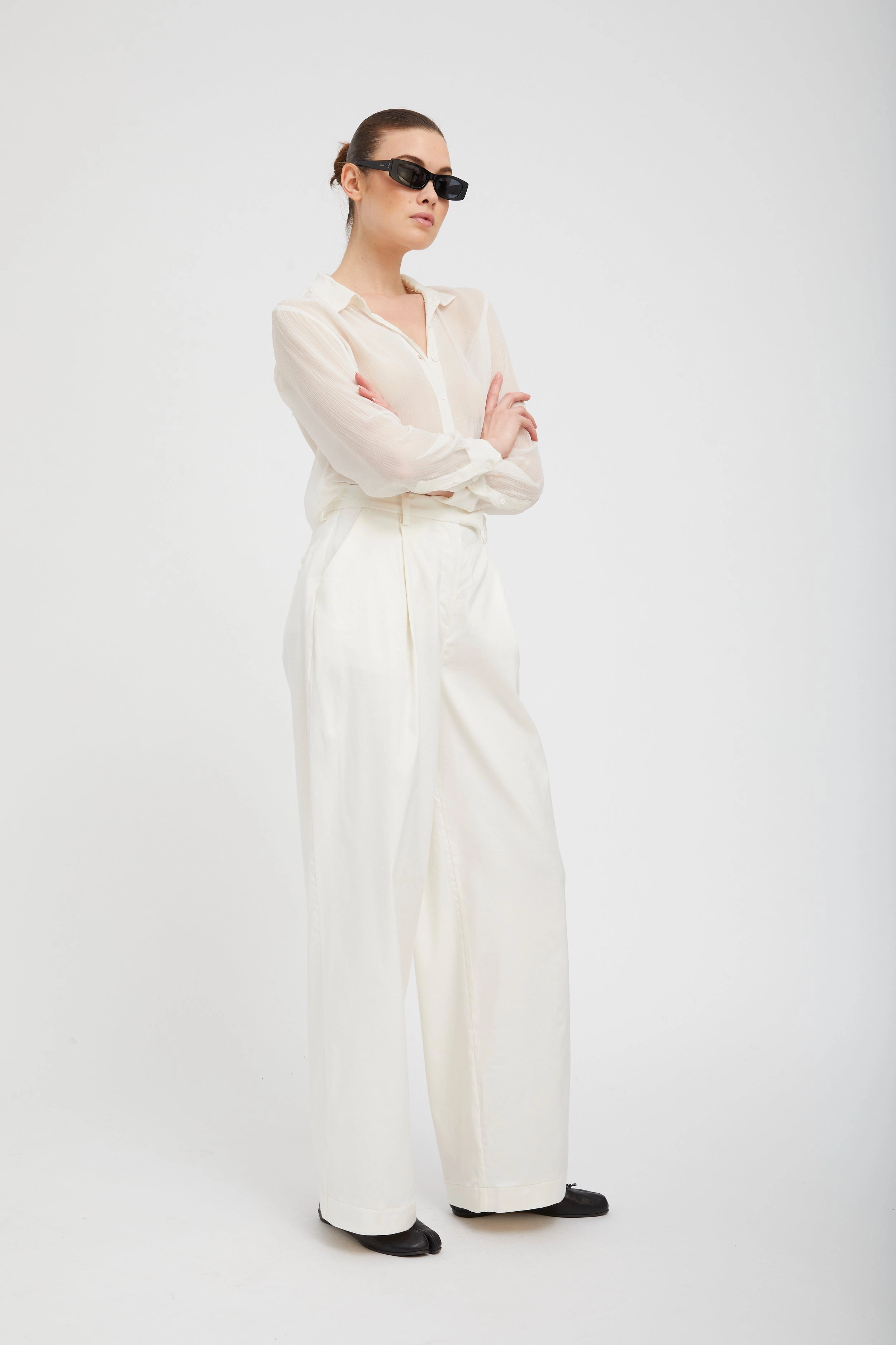 White Crinkle Chiffon Fitted Button Down UV Protection Enhanced