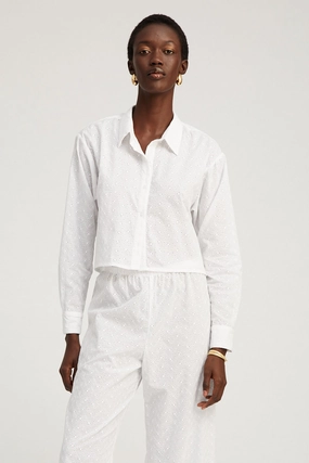 White Eyelet Cropped Button Down Friction Resistant Finish LongLastingDurability