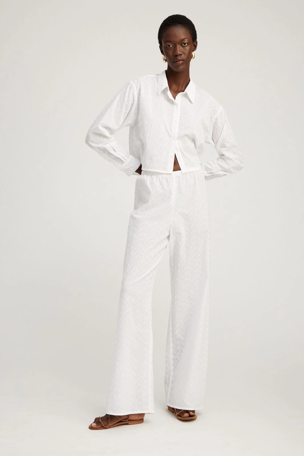 White Eyelet Cropped Button Down DoubleLayeredCollar Stretchable Knit