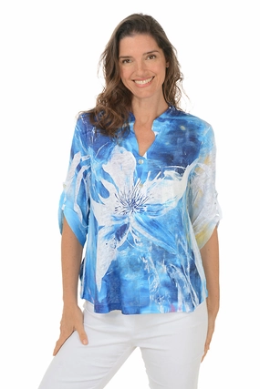White Lily Roll Sleeve Top VNeckline SoftTouch