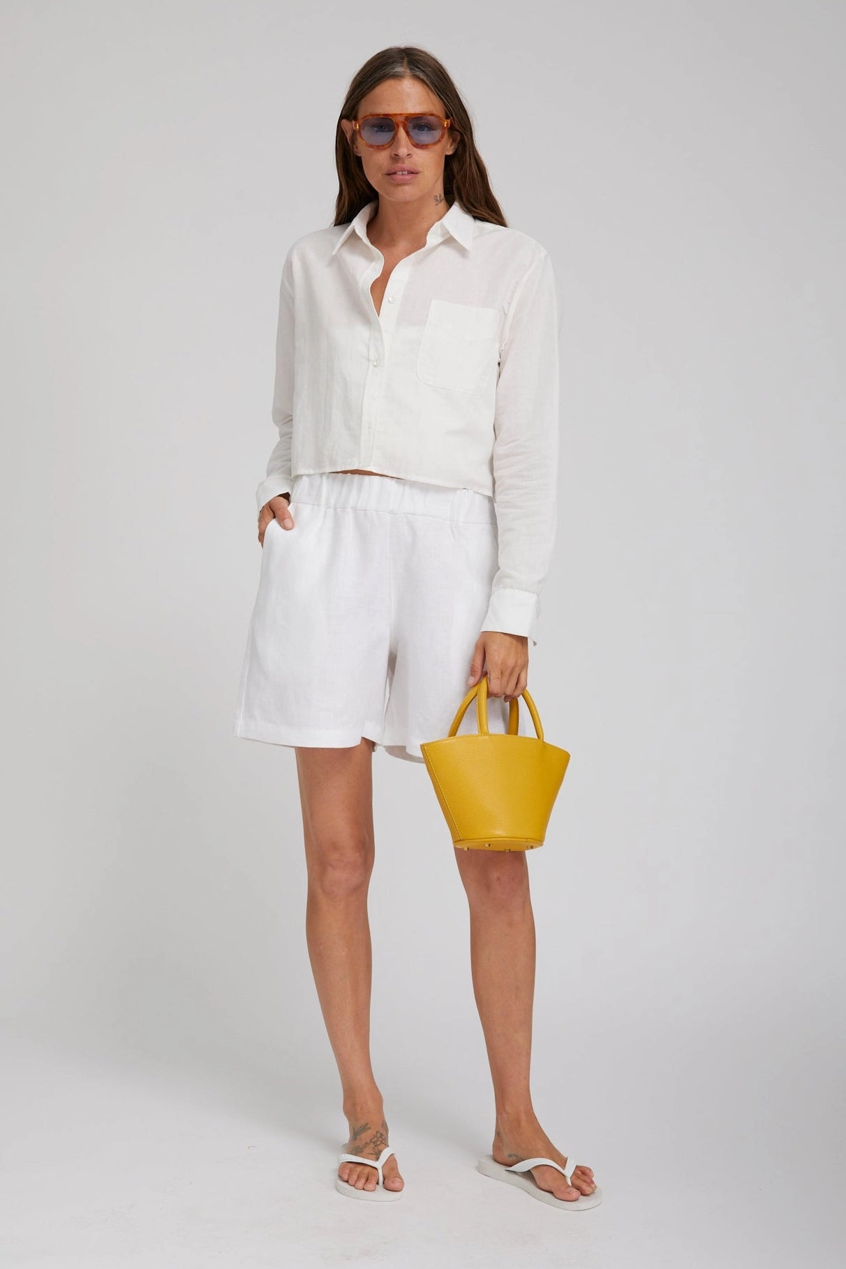 Lightweight Thermal Ventilated Back Panels White Linen Cropped Button Down