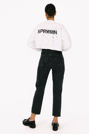 White Paint Splatter Crop Sweatshirt Stretchable Neckline