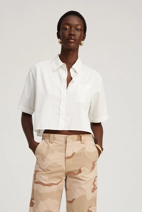 White Short Sleeve Cropped Button Down Airflow Mesh Insert Non Chafe Armholes