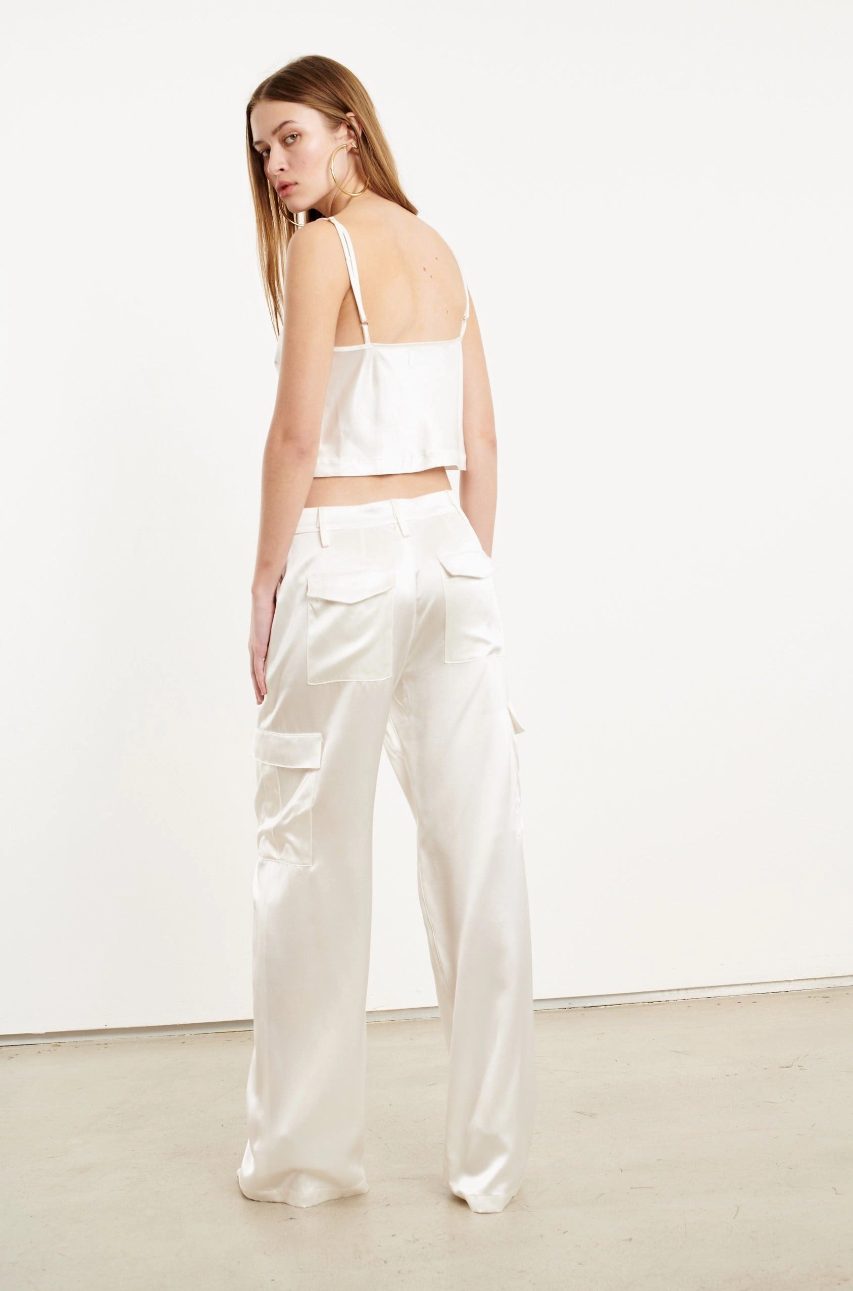 Adjustable drawstring Flex Fit Shoulder Construction White Silk Cropped Cami