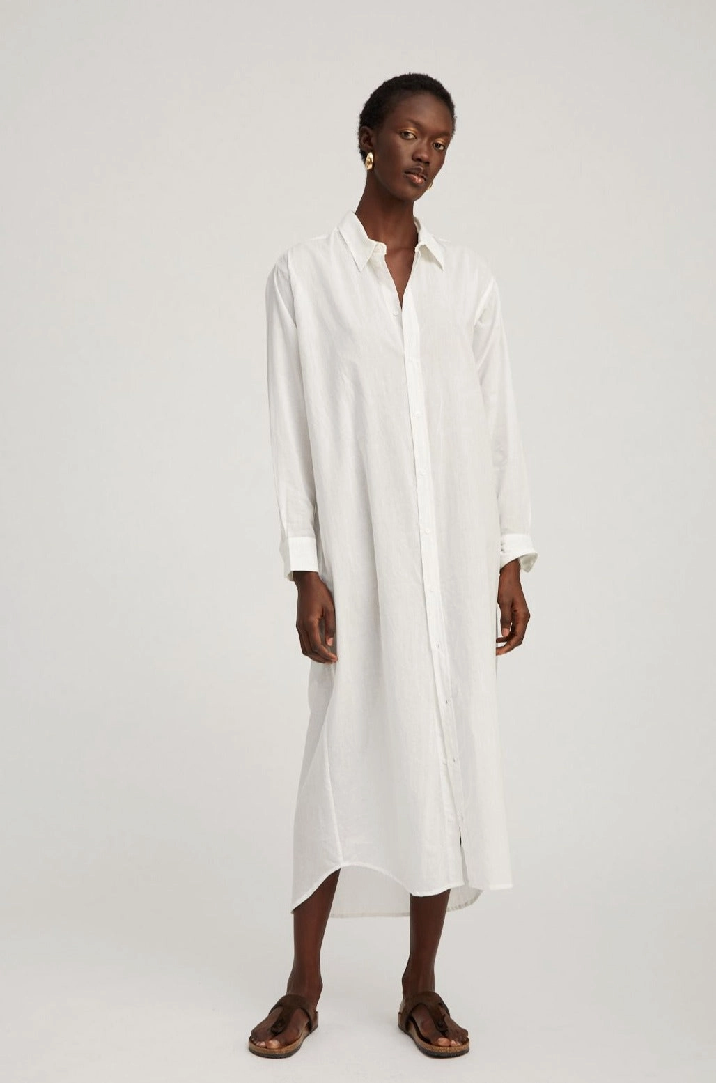 Sporty-Look Light Sheen White Voile Tunic Maxi Dress