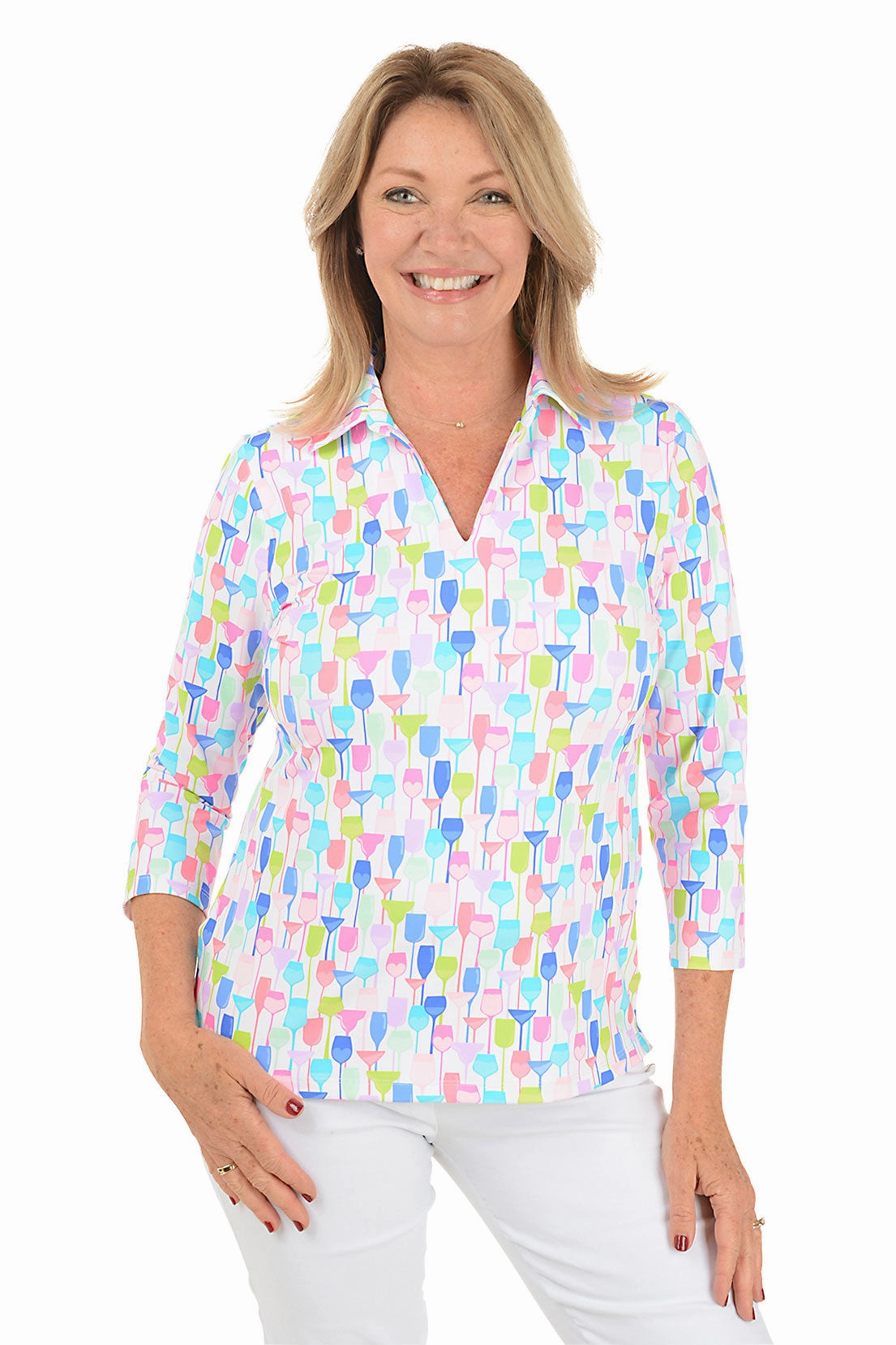 White Wine Glasses UPF50  3/4 Sleeve Polo Top Breathable Lining