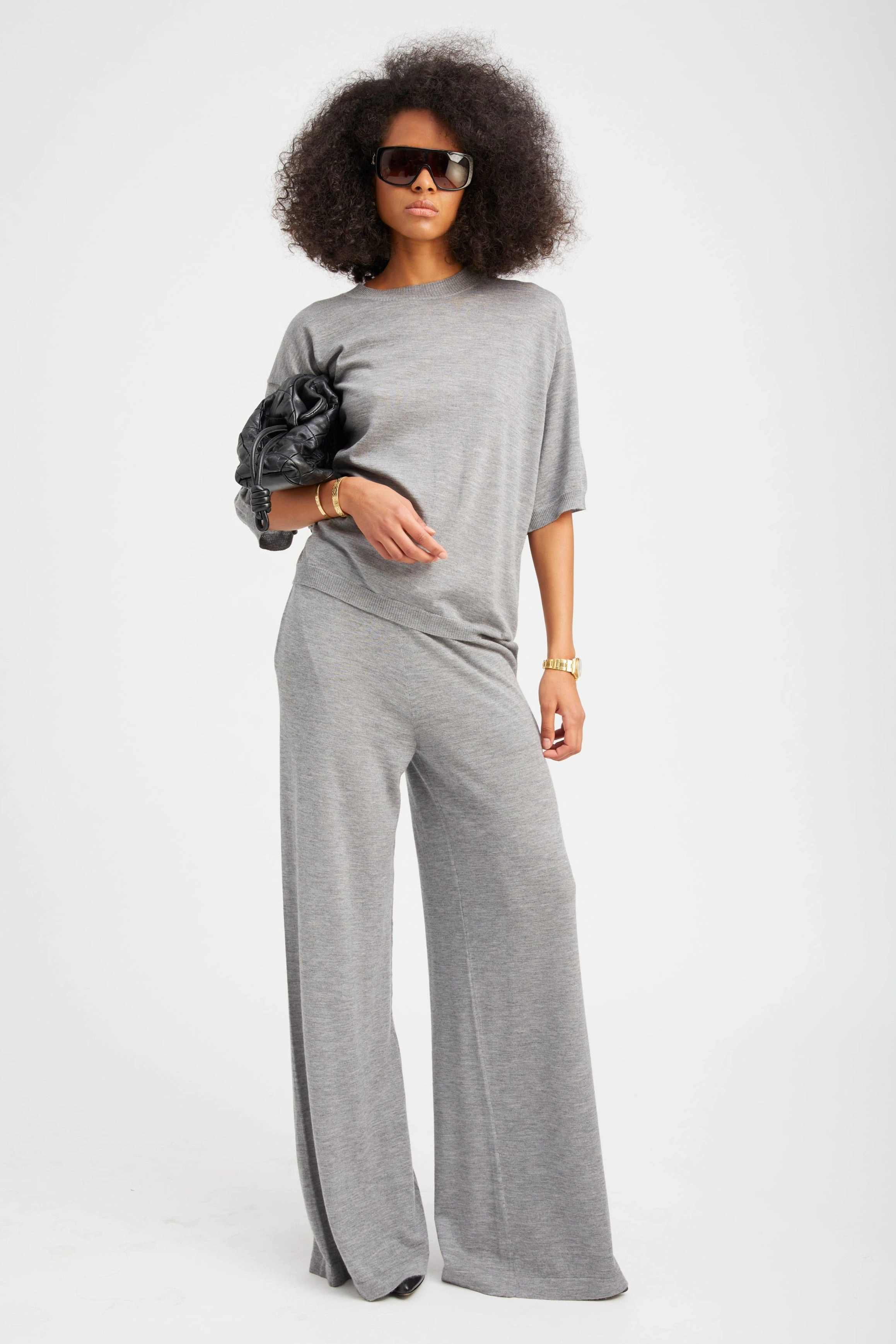 Grey Cashmere Wide Leg Pants Layered Wear