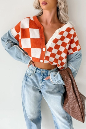 FlexFit Technology Easy Care Material Wild Out Checkered Knit Denim Sleeve Cardigan (Orange)