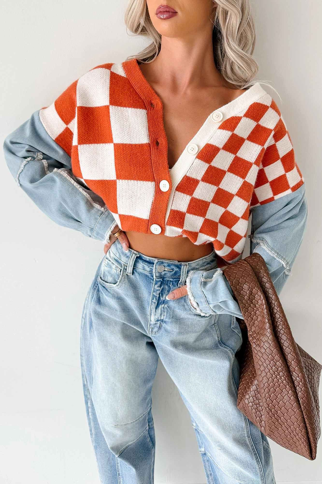 Wild Out Checkered Knit Denim Sleeve Cardigan (Orange) MultipanelLayout