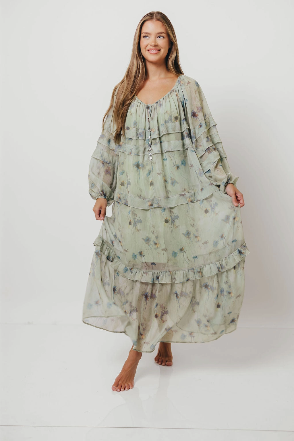 Wildwood Ruffled Maxi Dress in Sage Multi Silk-Blend