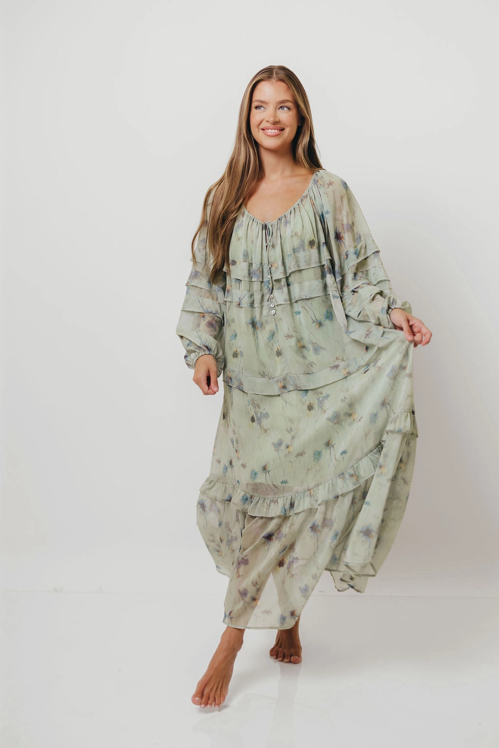 Relax Piece Trendy midi dress Wildwood Ruffled Maxi Dress in Sage Multi