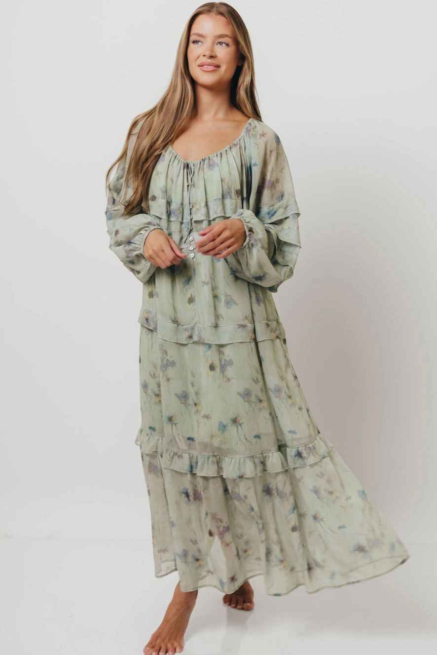 All Gender Wildwood Ruffled Maxi Dress in Sage Multi