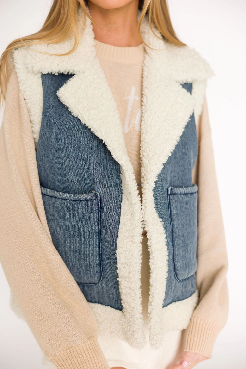 Distressed Texture Willa Sherpa Denim Vest *Final-Sale*
