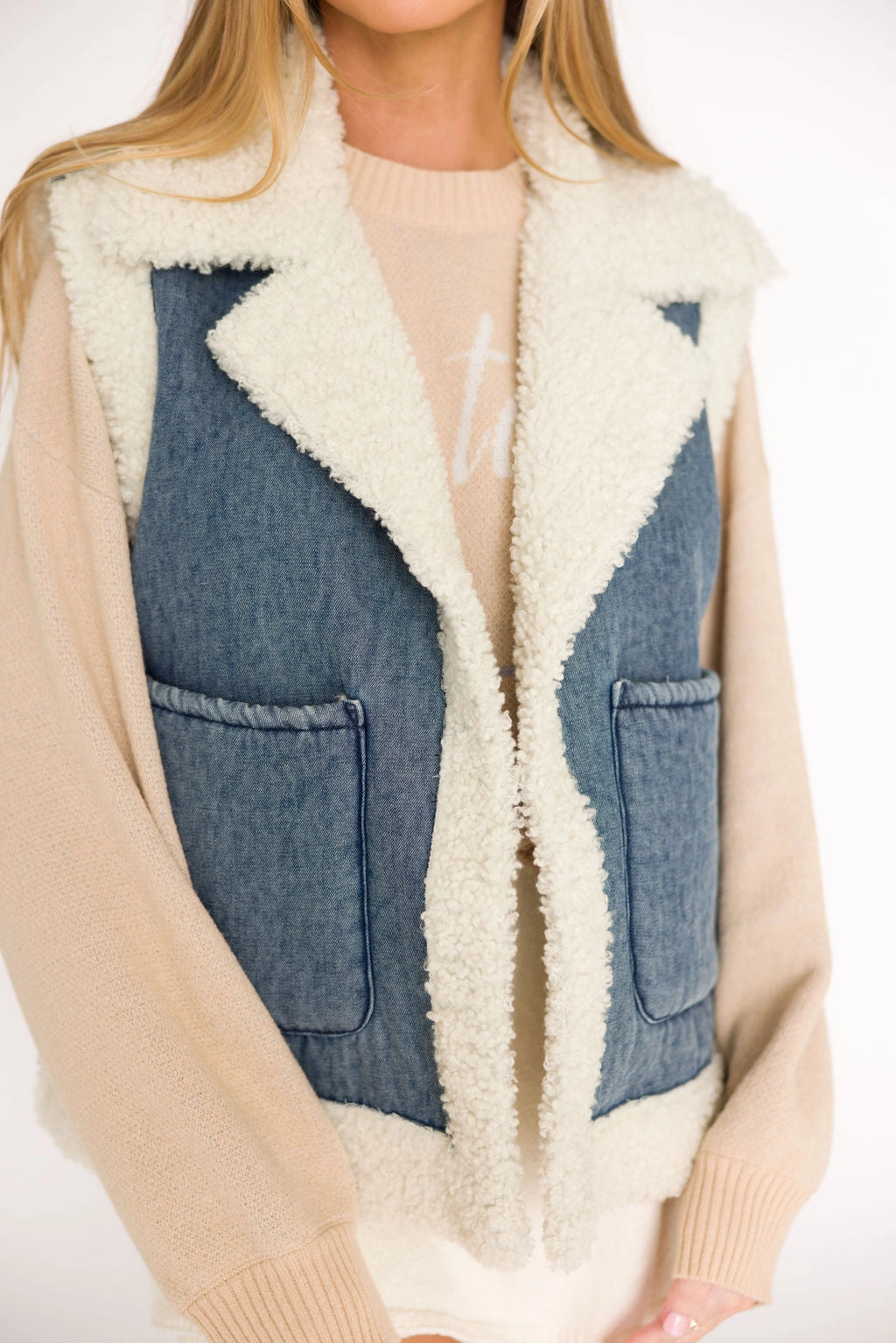 Willa Sherpa Denim Vest *Final-Sale* Long Sleeve Polo