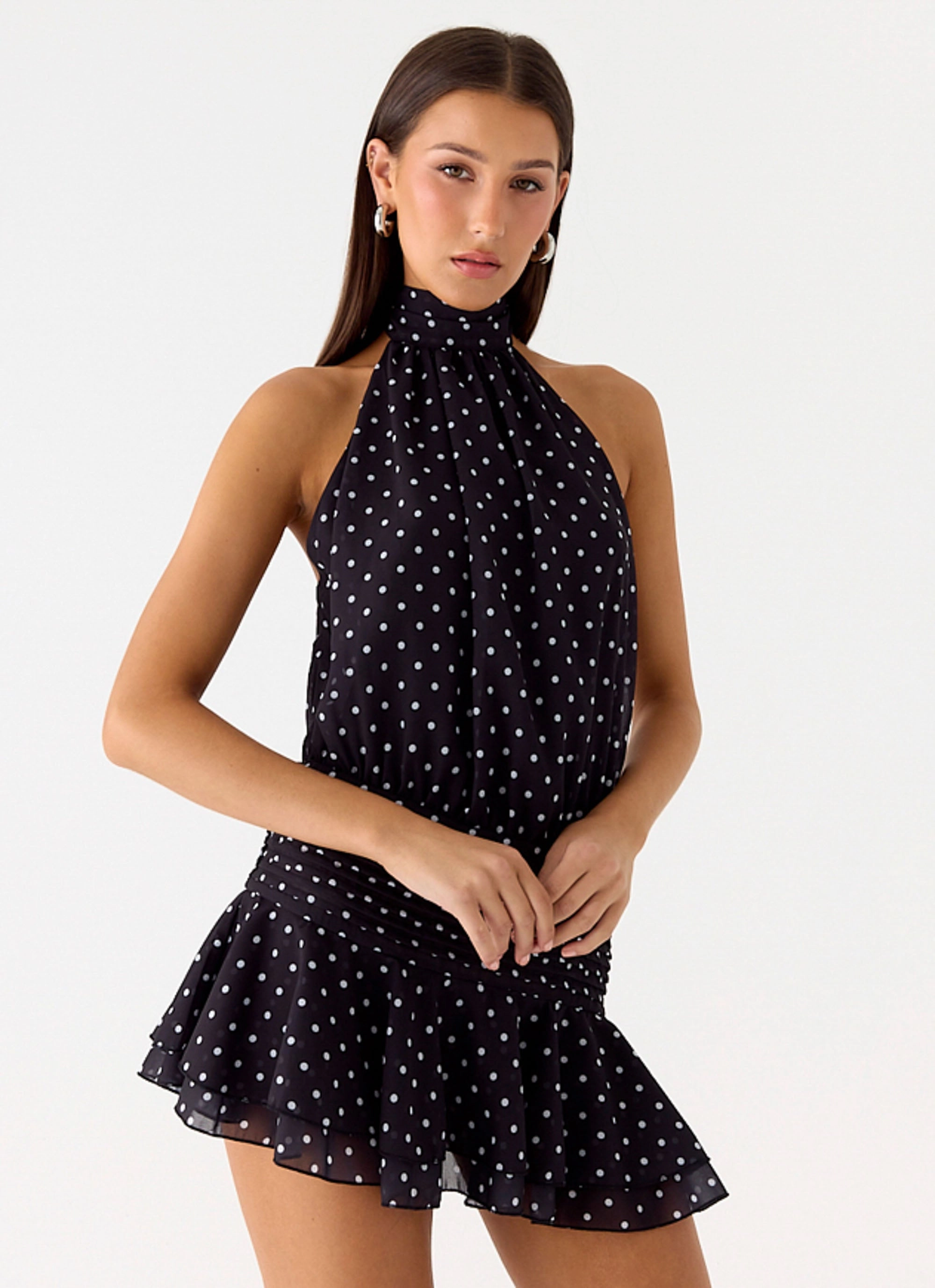 Willow Chiffon Mini Dress - Black Polkadot Gathered-Detail Sleek Outline