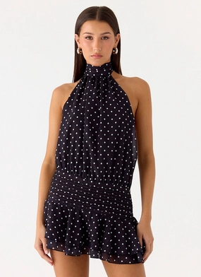 Wrap style Willow Chiffon Mini Dress - Black Polkadot